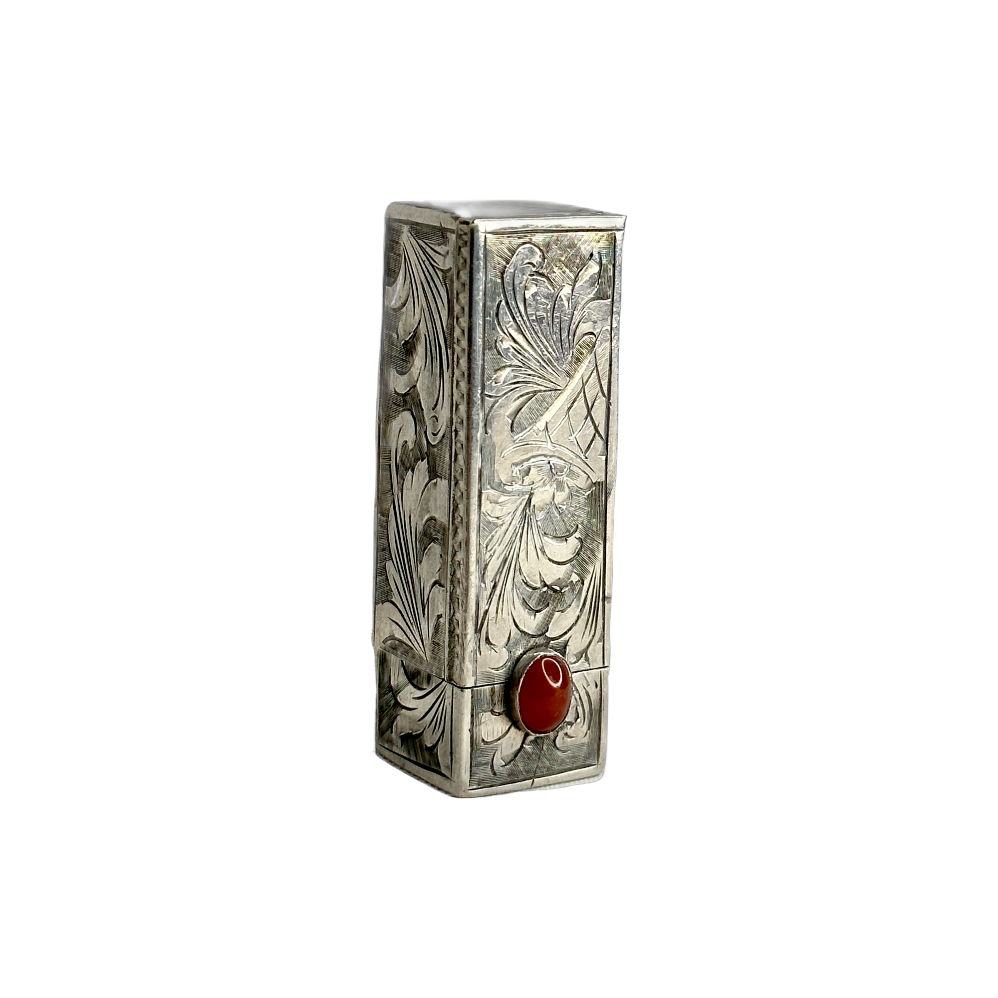 Vintage Floral Engraved Italian 800 Silver Green Stone Lipstick Case W/M